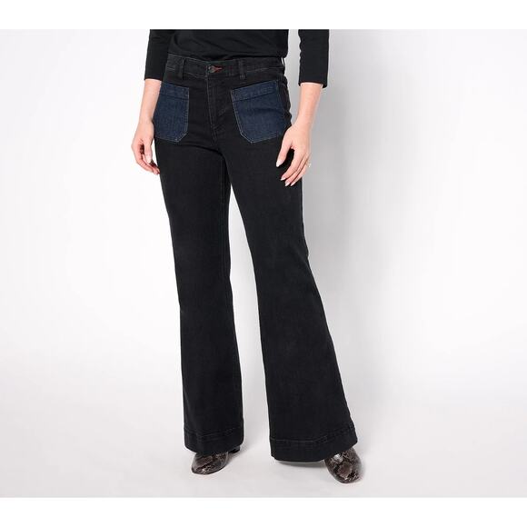 Peace Love World Denim - Peace Love World Regular Patch Pocket Flare Jeans Black Womens Size 10 Boho